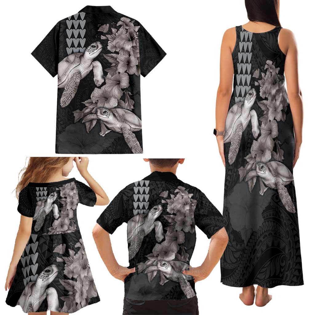 Hawaiian Turtle Love Couple Family Matching Tank Maxi Dress and Hawaiian Shirt - Sweet Hibiscus and Kakau Pattern Grayscale Color