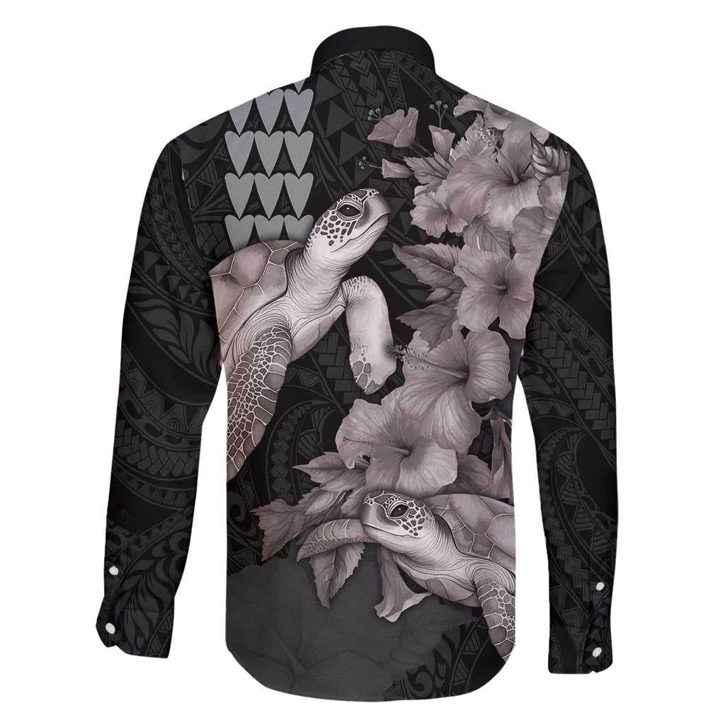 Hawaiian Turtle Love Couple Family Matching Tank Maxi Dress and Hawaiian Shirt - Sweet Hibiscus and Kakau Pattern Grayscale Color