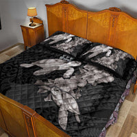 Hawaiian Turtle Love Couple Quilt Bed Set - Sweet Hibiscus and Kakau Pattern Grayscale Color