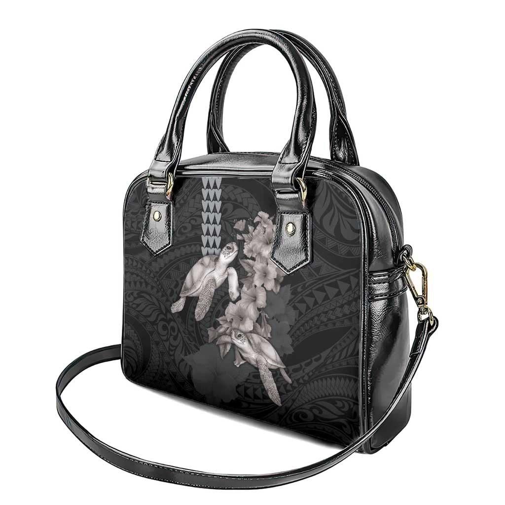Hawaiian Turtle Love Couple Shoulder Handbag - Sweet Hibiscus and Kakau Pattern Grayscale Color