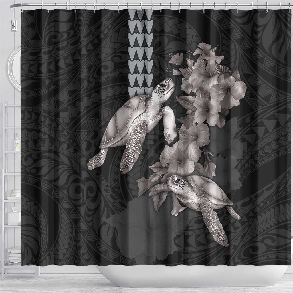 Hawaiian Turtle Love Couple Shower Curtain - Sweet Hibiscus and Kakau Pattern Grayscale Color