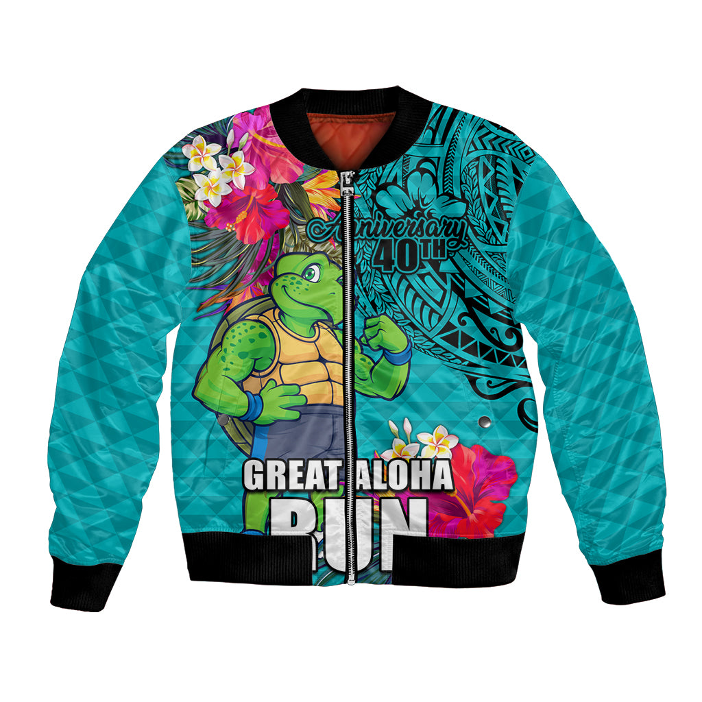 Hawaii Great Aloha Run 40th Anniversary Bomber Jacket With Turtle Mascot Marathon Hibiscus and Kakau LT03 Unisex Turquoise - Polynesian Pride