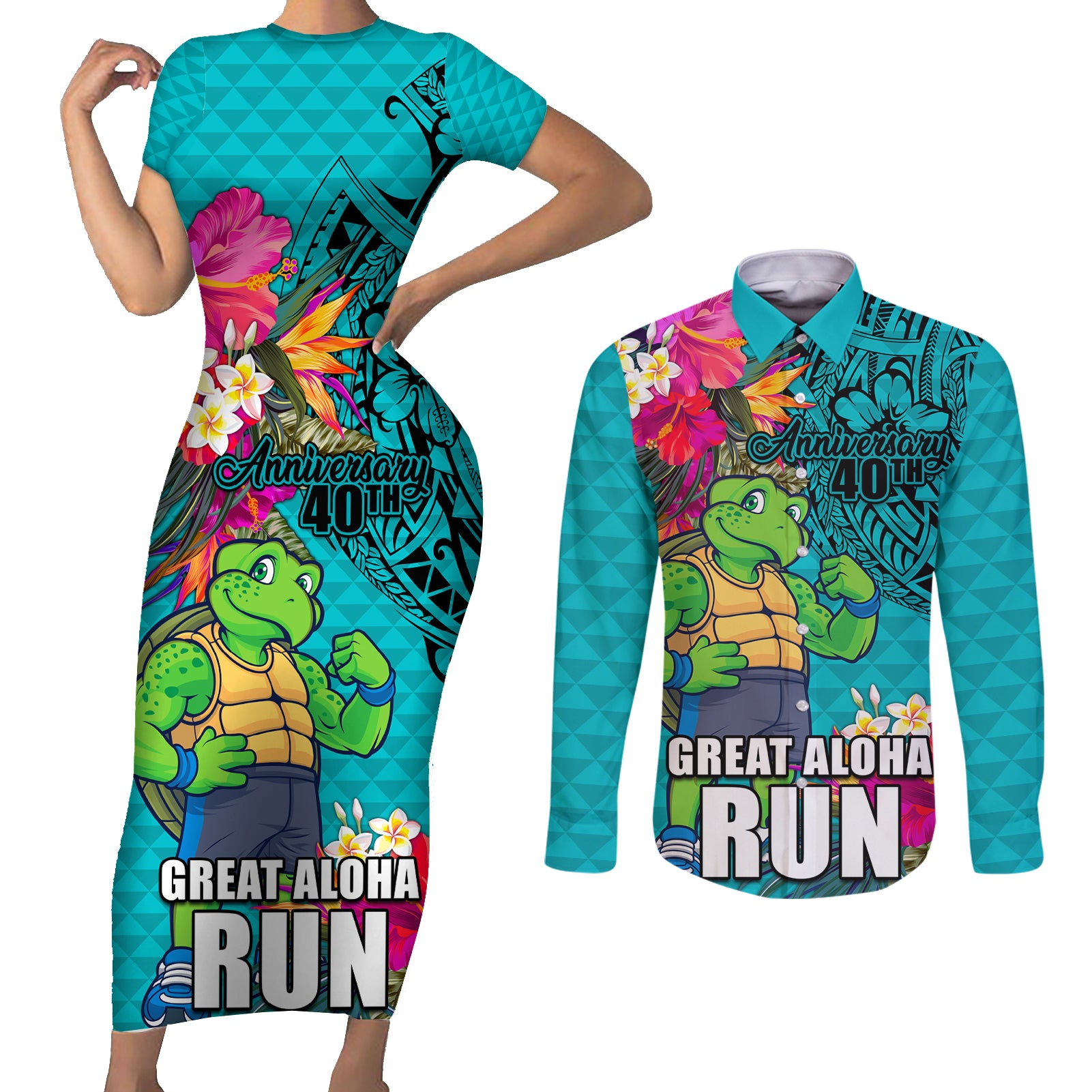 Hawaii Great Aloha Run 40th Anniversary Couples Matching Short Sleeve Bodycon Dress and Long Sleeve Button Shirt With Turtle Mascot Marathon Hibiscus and Kakau LT03 Turquoise - Polynesian Pride