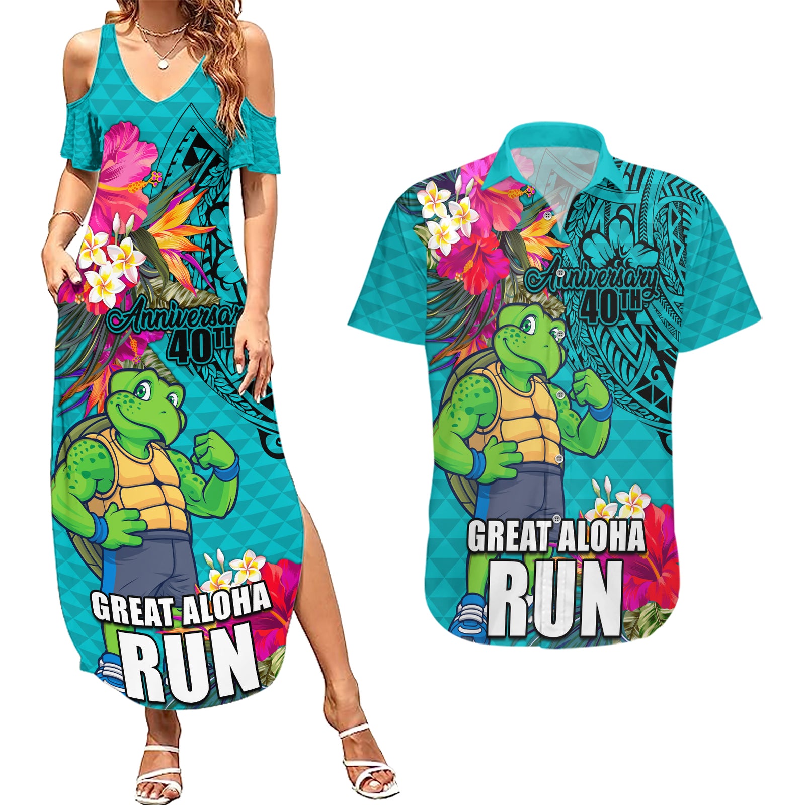 Hawaii Great Aloha Run 40th Anniversary Couples Matching Summer Maxi Dress and Hawaiian Shirt With Turtle Mascot Marathon Hibiscus and Kakau LT03 Turquoise - Polynesian Pride