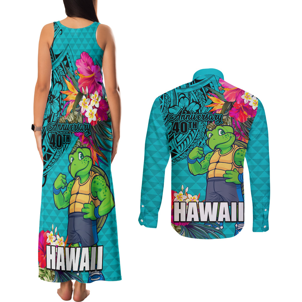 Hawaii Great Aloha Run 40th Anniversary Couples Matching Tank Maxi Dress and Long Sleeve Button Shirt With Turtle Mascot Marathon Hibiscus and Kakau LT03 - Polynesian Pride