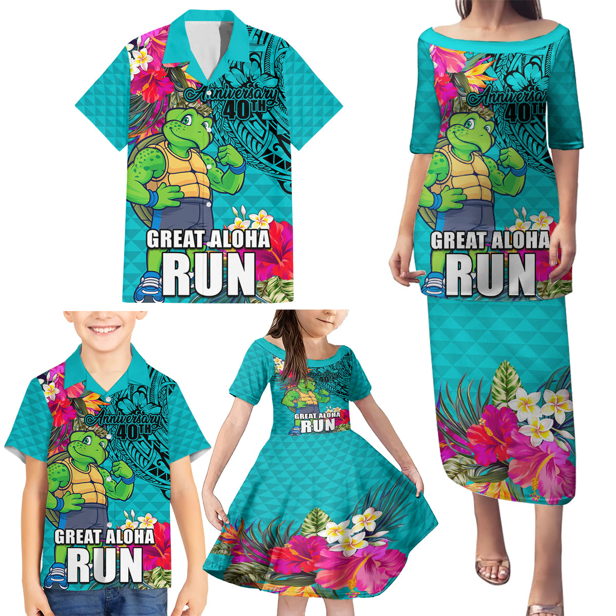 Hawaii Great Aloha Run 40th Anniversary Family Matching Puletasi and Hawaiian Shirt With Turtle Mascot Marathon Hibiscus and Kakau LT03 - Polynesian Pride