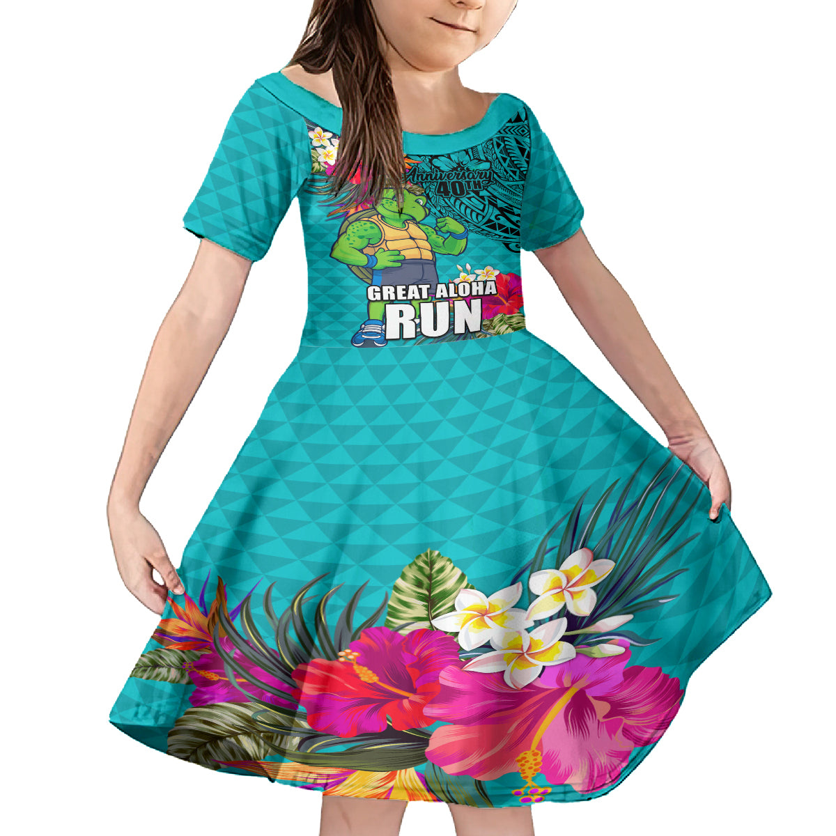 Hawaii Great Aloha Run 40th Anniversary Kid Short Sleeve Dress With Turtle Mascot Marathon Hibiscus and Kakau LT03 KID Turquoise - Polynesian Pride