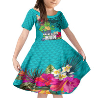 Hawaii Great Aloha Run 40th Anniversary Kid Short Sleeve Dress With Turtle Mascot Marathon Hibiscus and Kakau LT03 KID Turquoise - Polynesian Pride
