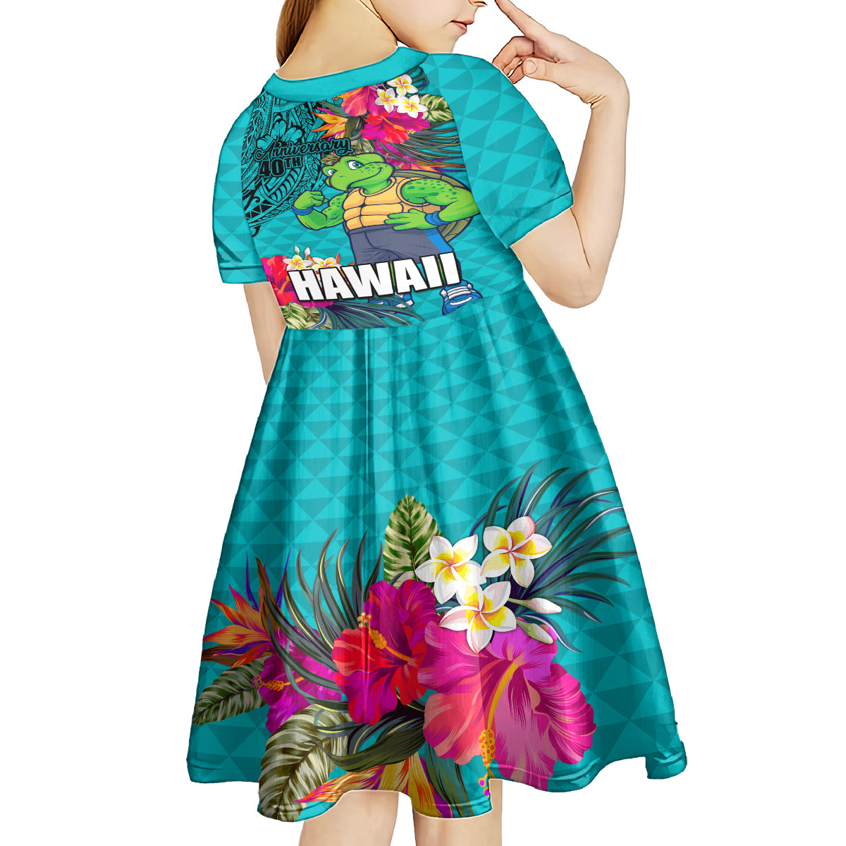 Hawaii Great Aloha Run 40th Anniversary Kid Short Sleeve Dress With Turtle Mascot Marathon Hibiscus and Kakau LT03 - Polynesian Pride