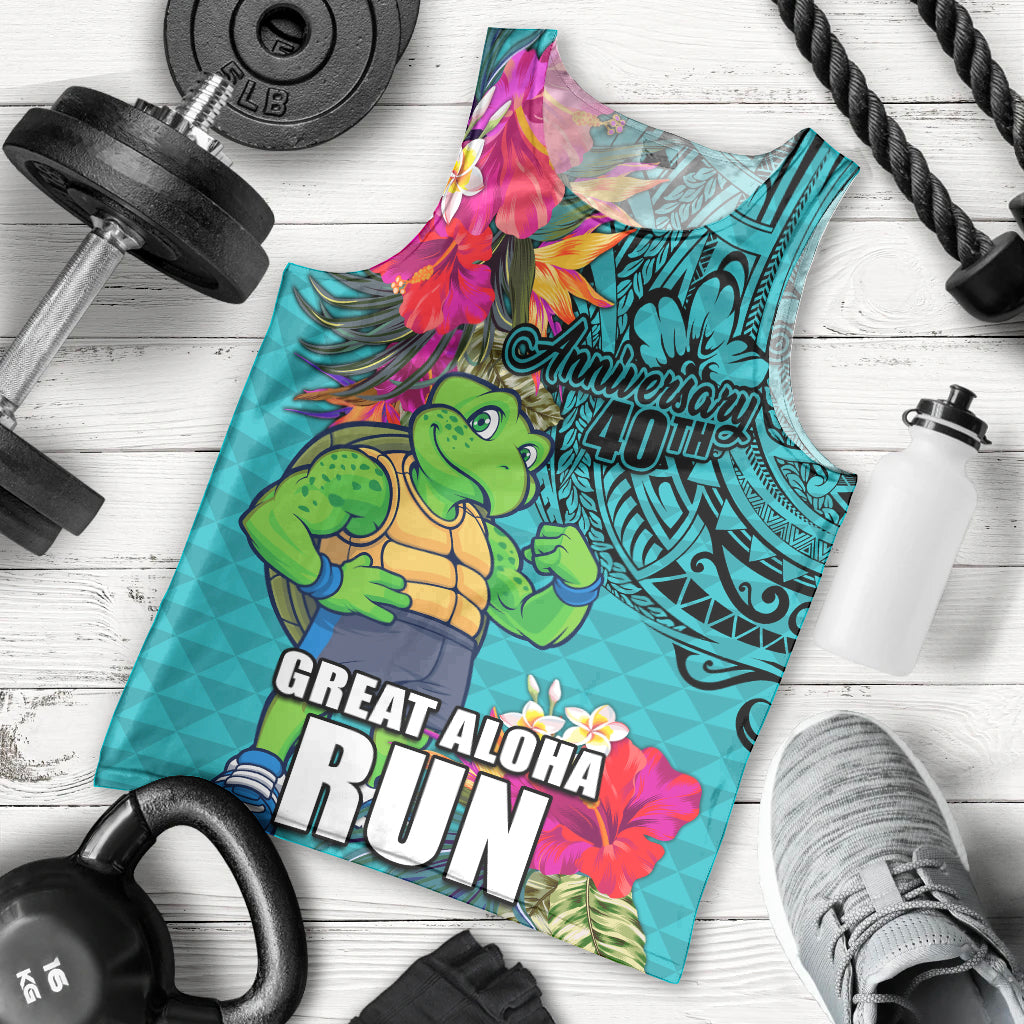 Hawaii Great Aloha Run 40th Anniversary Men Tank Top With Turtle Mascot Marathon Hibiscus and Kakau LT03 - Polynesian Pride