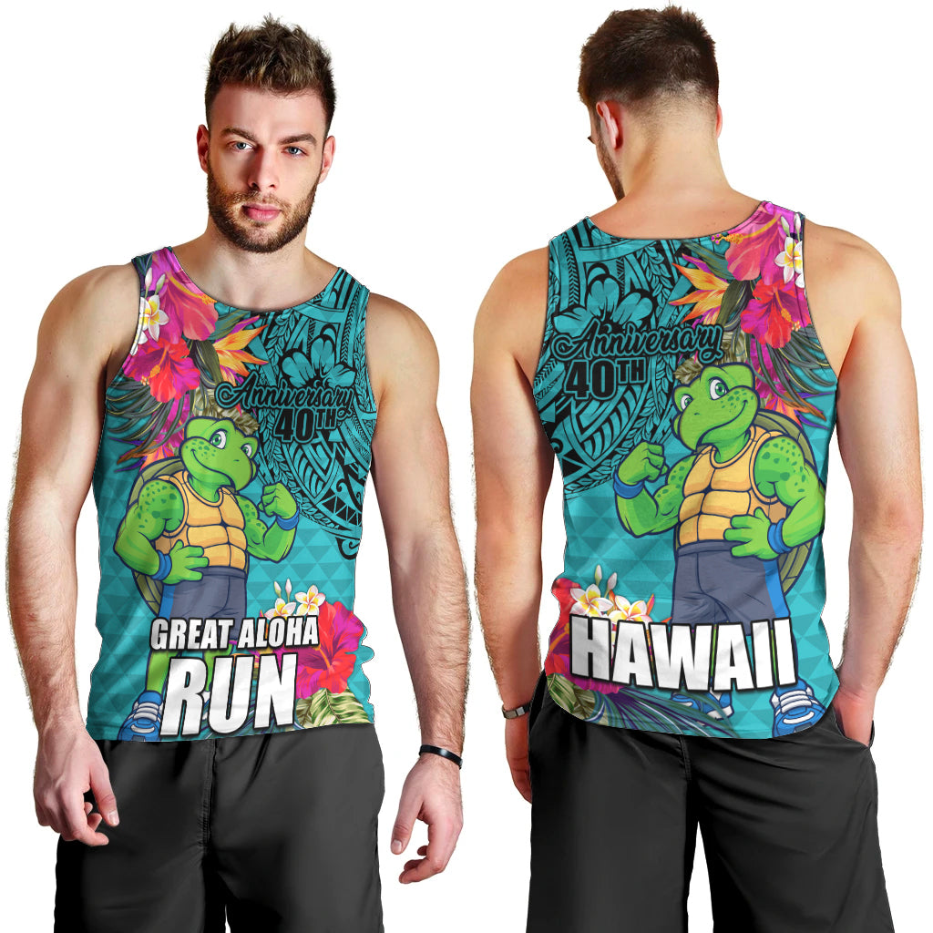 Hawaii Great Aloha Run 40th Anniversary Men Tank Top With Turtle Mascot Marathon Hibiscus and Kakau LT03 - Polynesian Pride