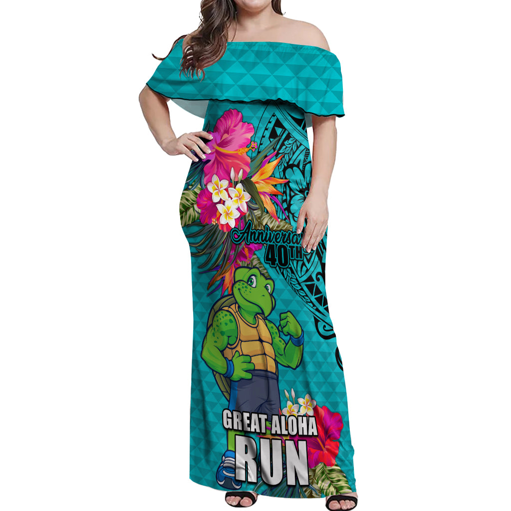 Hawaii Great Aloha Run 40th Anniversary Off Shoulder Maxi Dress With Turtle Mascot Marathon Hibiscus and Kakau LT03 Women Turquoise - Polynesian Pride
