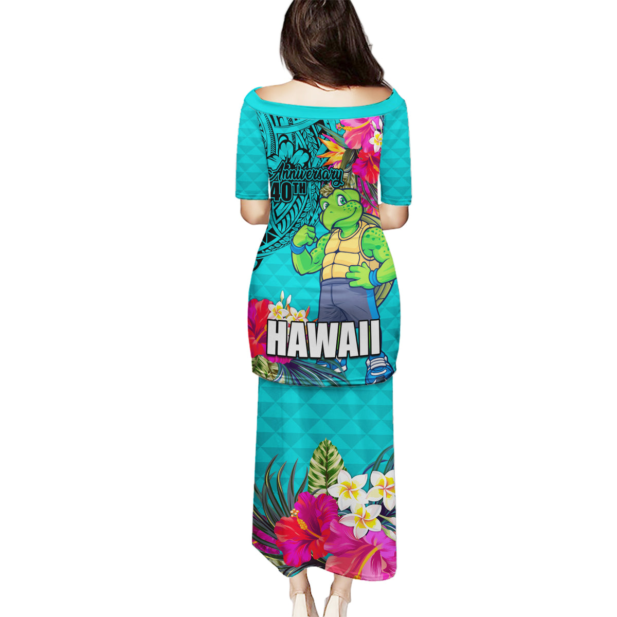 Hawaii Great Aloha Run 40th Anniversary Puletasi With Turtle Mascot Marathon Hibiscus and Kakau LT03 - Polynesian Pride