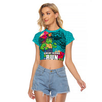 Hawaii Great Aloha Run 40th Anniversary Raglan Cropped T Shirt With Turtle Mascot Marathon Hibiscus and Kakau LT03 Female Turquoise - Polynesian Pride