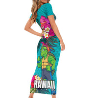 Hawaii Great Aloha Run 40th Anniversary Short Sleeve Bodycon Dress With Turtle Mascot Marathon Hibiscus and Kakau LT03 - Polynesian Pride