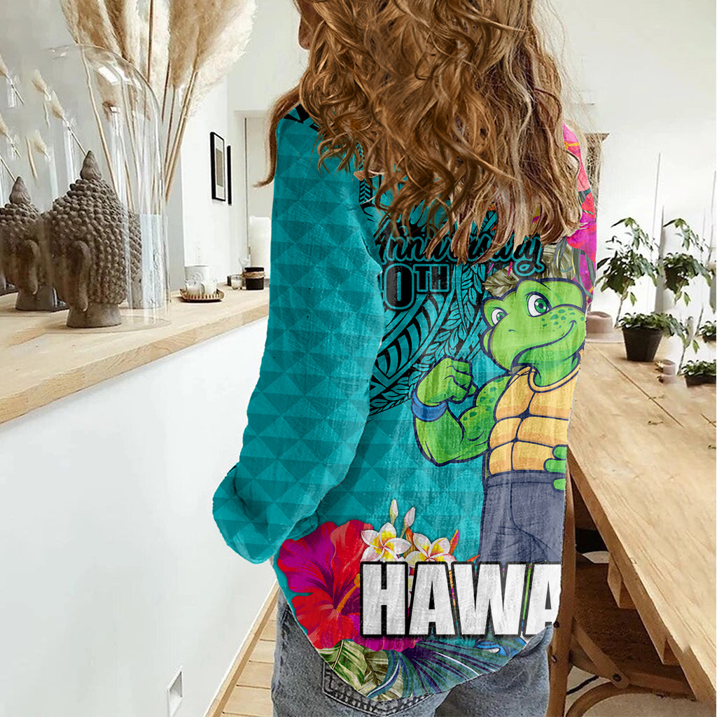 Hawaii Great Aloha Run 40th Anniversary Women Casual Shirt With Turtle Mascot Marathon Hibiscus and Kakau LT03 - Polynesian Pride