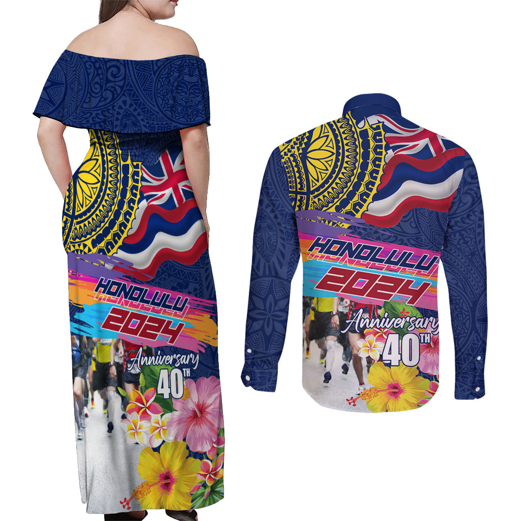 Hawaii Great Aloha Run 40th Anniversary Couples Matching Off Shoulder Maxi Dress and Long Sleeve Button Shirt Hibiscus and Kakau Pattern LT03 - Polynesian Pride