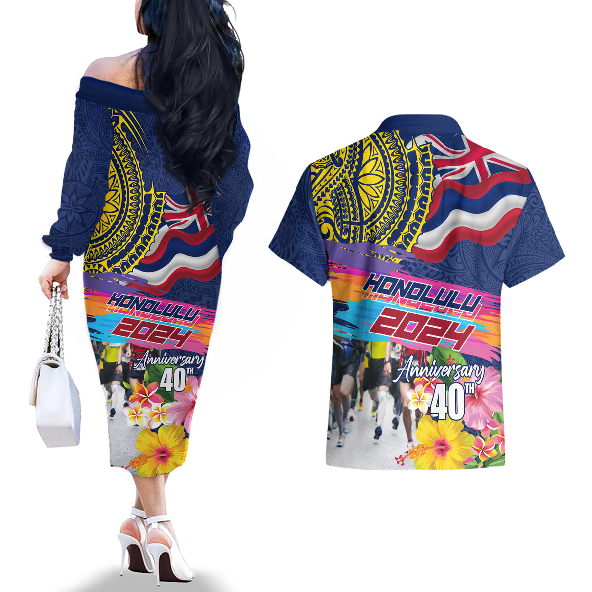 Hawaii Great Aloha Run 40th Anniversary Couples Matching Off The Shoulder Long Sleeve Dress and Hawaiian Shirt Hibiscus and Kakau Pattern LT03 - Polynesian Pride