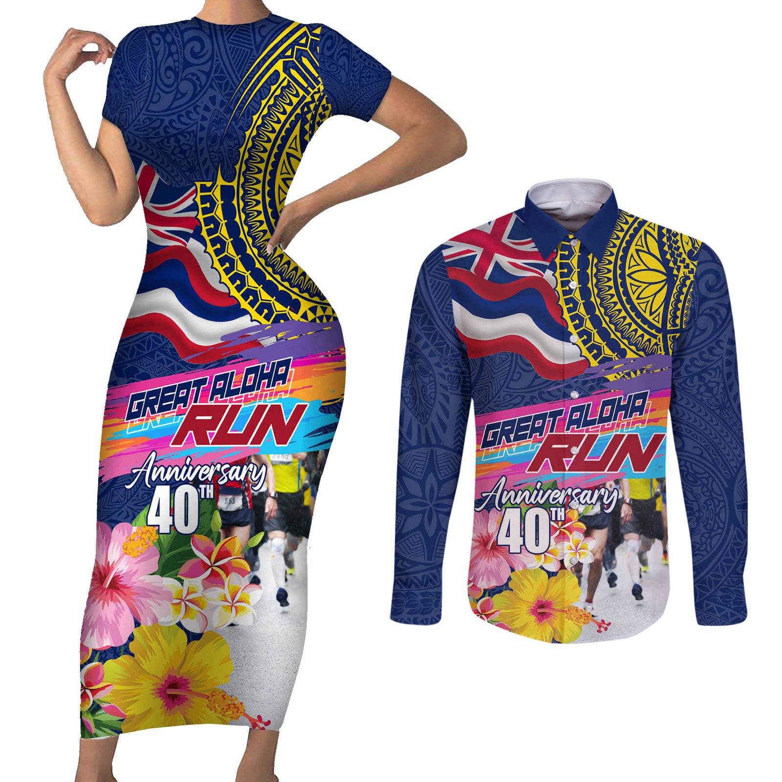 Hawaii Great Aloha Run 40th Anniversary Couples Matching Short Sleeve Bodycon Dress and Long Sleeve Button Shirt Hibiscus and Kakau Pattern LT03 Blue - Polynesian Pride