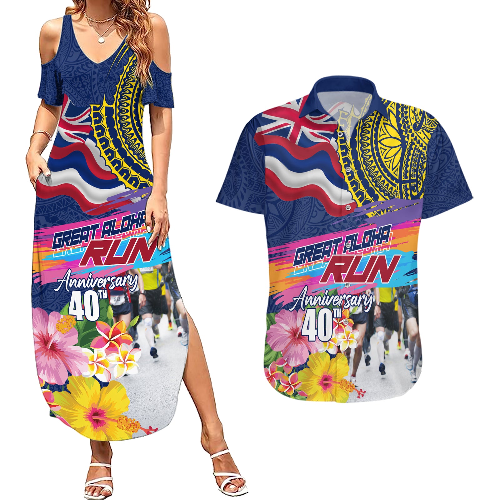 Hawaii Great Aloha Run 40th Anniversary Couples Matching Summer Maxi Dress and Hawaiian Shirt Hibiscus and Kakau Pattern LT03 Blue - Polynesian Pride