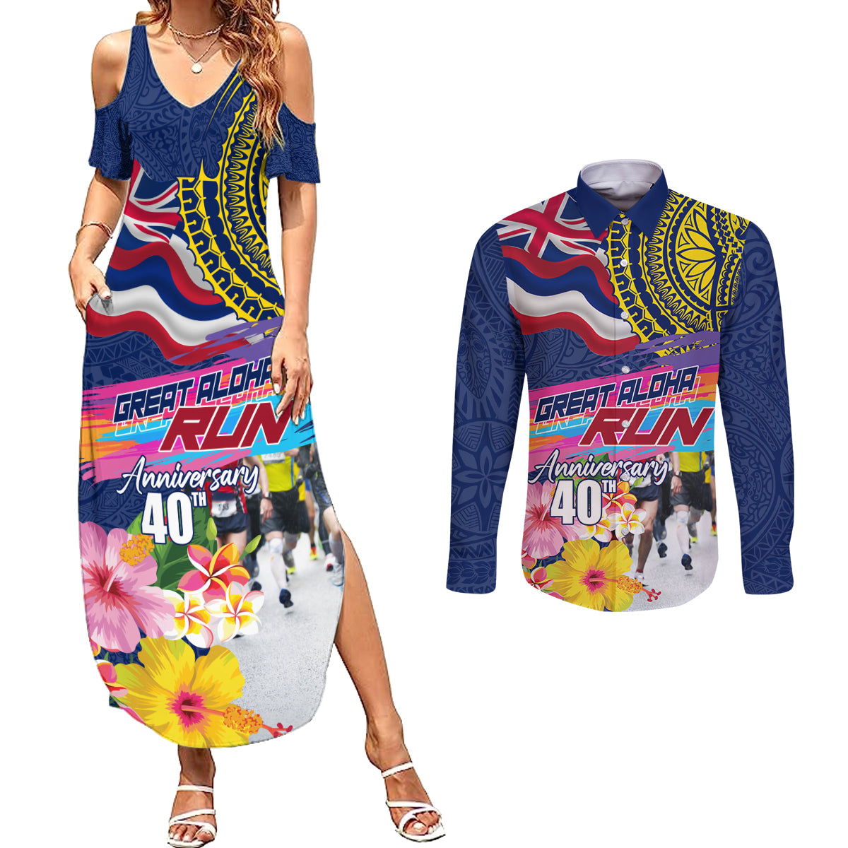 Hawaii Great Aloha Run 40th Anniversary Couples Matching Summer Maxi Dress and Long Sleeve Button Shirt Hibiscus and Kakau Pattern LT03 Blue - Polynesian Pride
