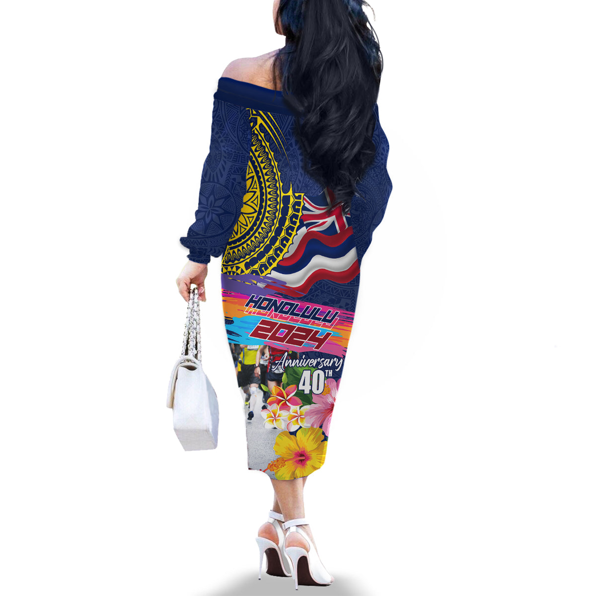 Hawaii Great Aloha Run 40th Anniversary Family Matching Off Shoulder Long Sleeve Dress and Hawaiian Shirt Hibiscus and Kakau Pattern LT03 - Polynesian Pride