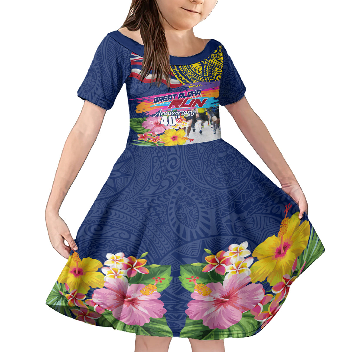 Hawaii Great Aloha Run 40th Anniversary Kid Short Sleeve Dress Hibiscus and Kakau Pattern LT03 KID Blue - Polynesian Pride