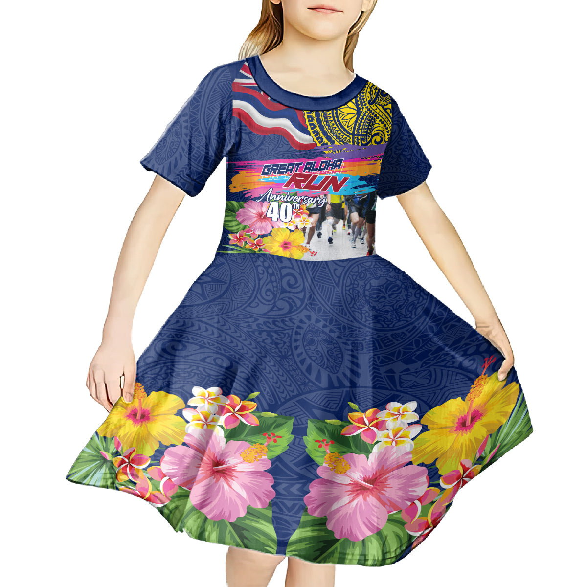 Hawaii Great Aloha Run 40th Anniversary Kid Short Sleeve Dress Hibiscus and Kakau Pattern LT03 - Polynesian Pride