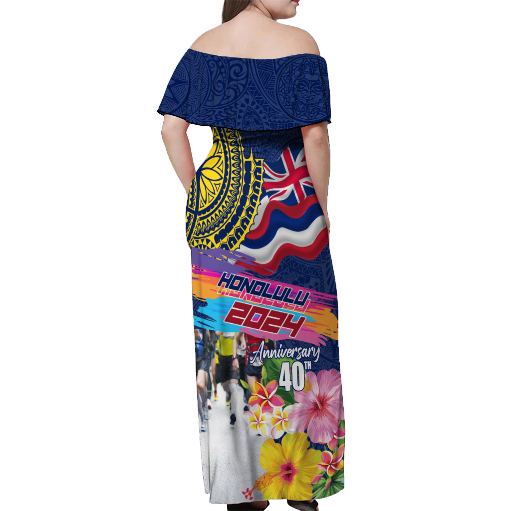 Hawaii Great Aloha Run 40th Anniversary Off Shoulder Maxi Dress Hibiscus and Kakau Pattern LT03 - Polynesian Pride
