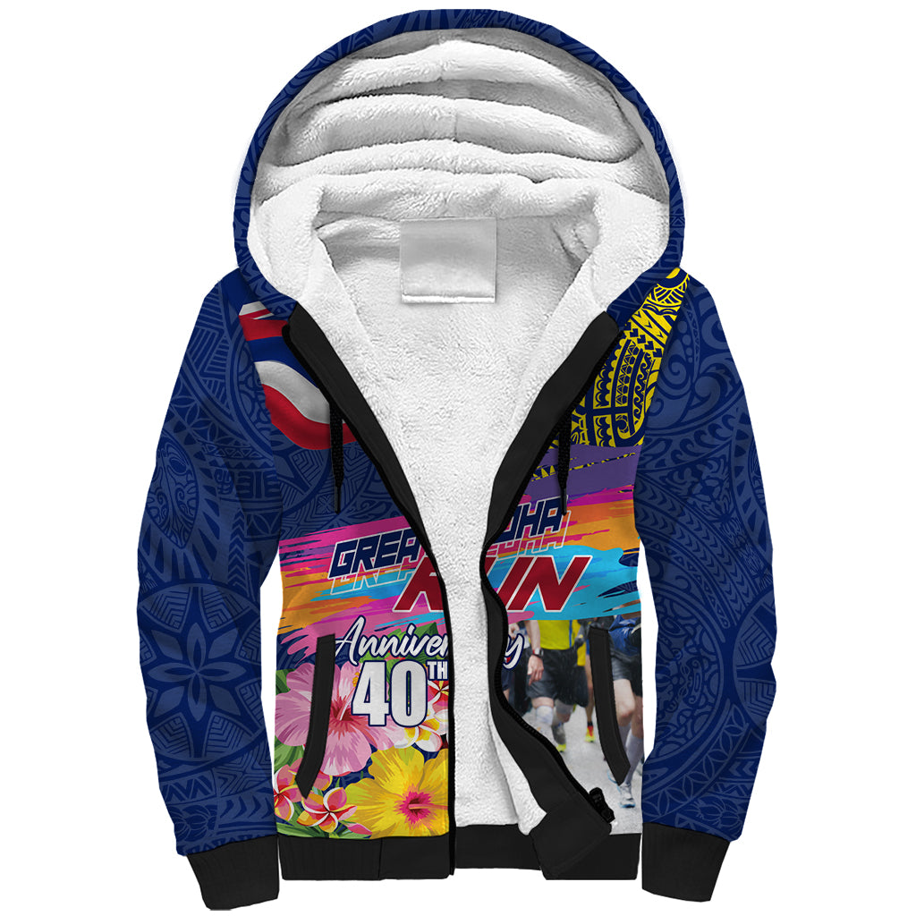 Hawaii Great Aloha Run 40th Anniversary Sherpa Hoodie Hibiscus and Kakau Pattern LT03 Unisex Blue - Polynesian Pride
