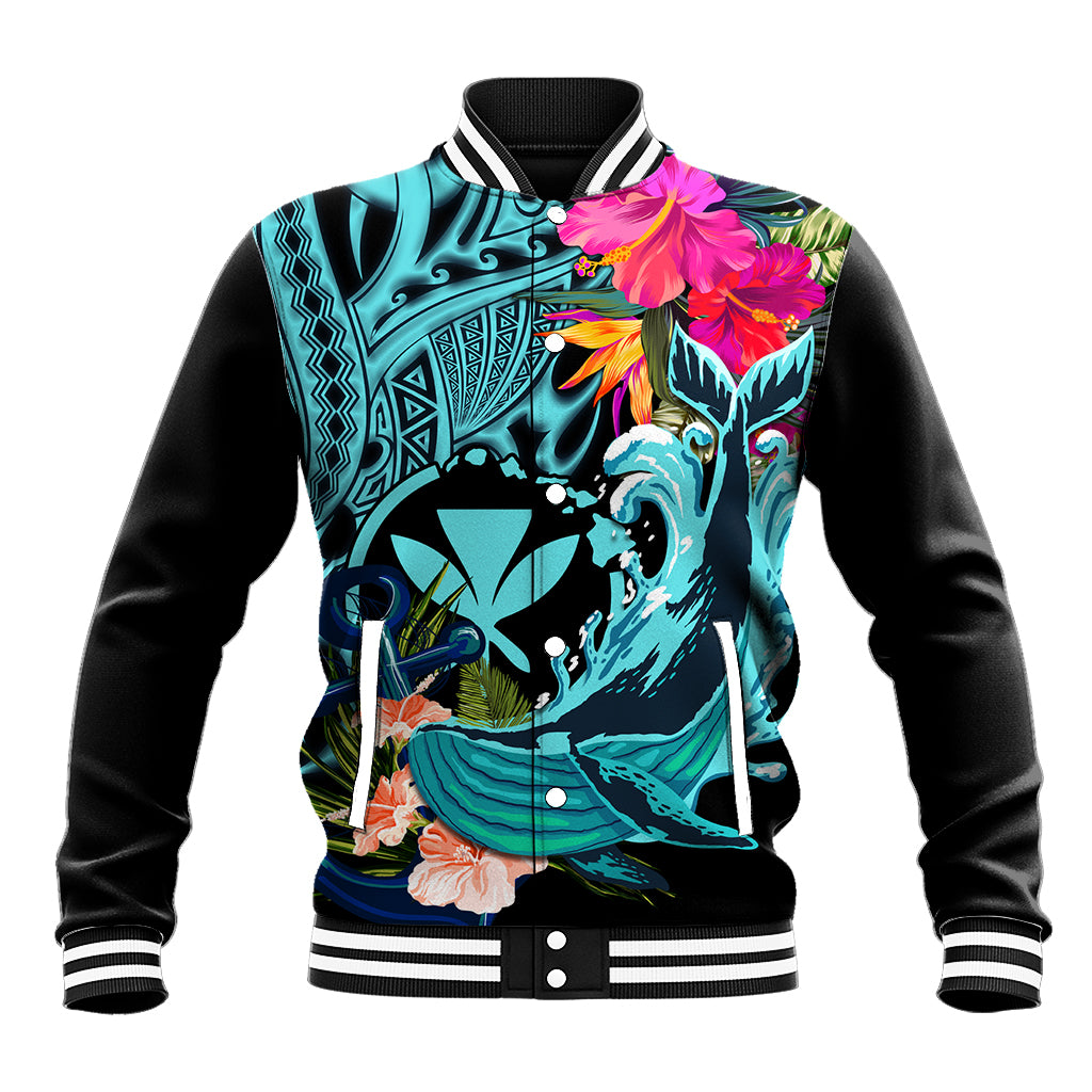 Hawaii Baseball Jacket Whale Mix Hibiscus and Kanaka Maoli LT03 Unisex Black - Polynesian Pride