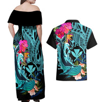 Hawaii Couples Matching Off Shoulder Maxi Dress and Hawaiian Shirt Whale Mix Hibiscus and Kanaka Maoli LT03 - Polynesian Pride