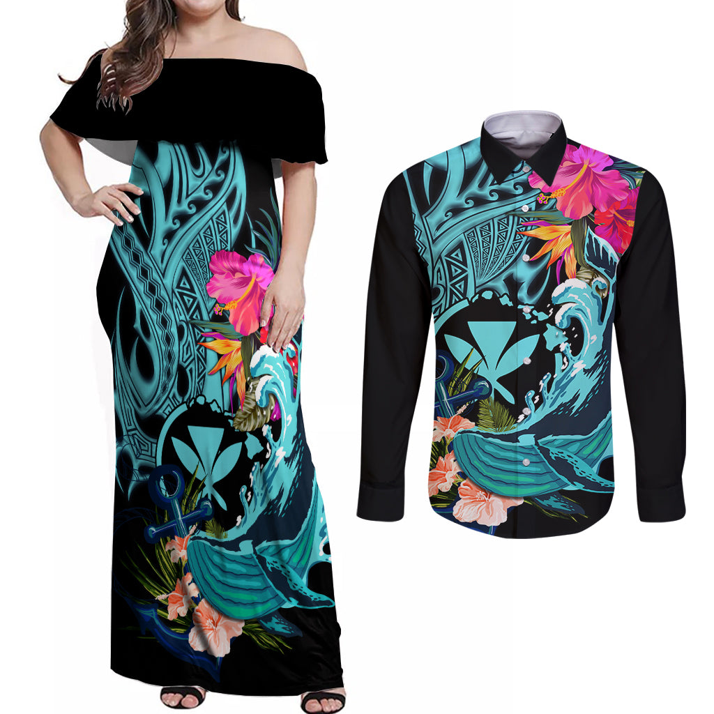 Hawaii Couples Matching Off Shoulder Maxi Dress and Long Sleeve Button Shirt Whale Mix Hibiscus and Kanaka Maoli LT03 Black - Polynesian Pride