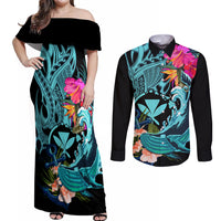 Hawaii Couples Matching Off Shoulder Maxi Dress and Long Sleeve Button Shirt Whale Mix Hibiscus and Kanaka Maoli LT03 Black - Polynesian Pride
