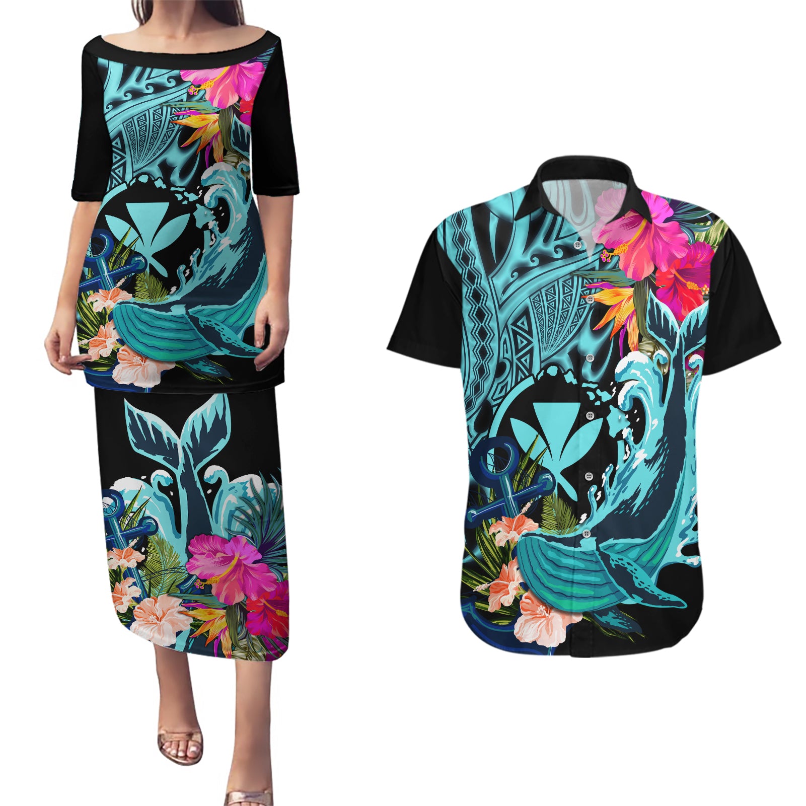 Hawaii Couples Matching Puletasi and Hawaiian Shirt Whale Mix Hibiscus and Kanaka Maoli LT03 Black - Polynesian Pride