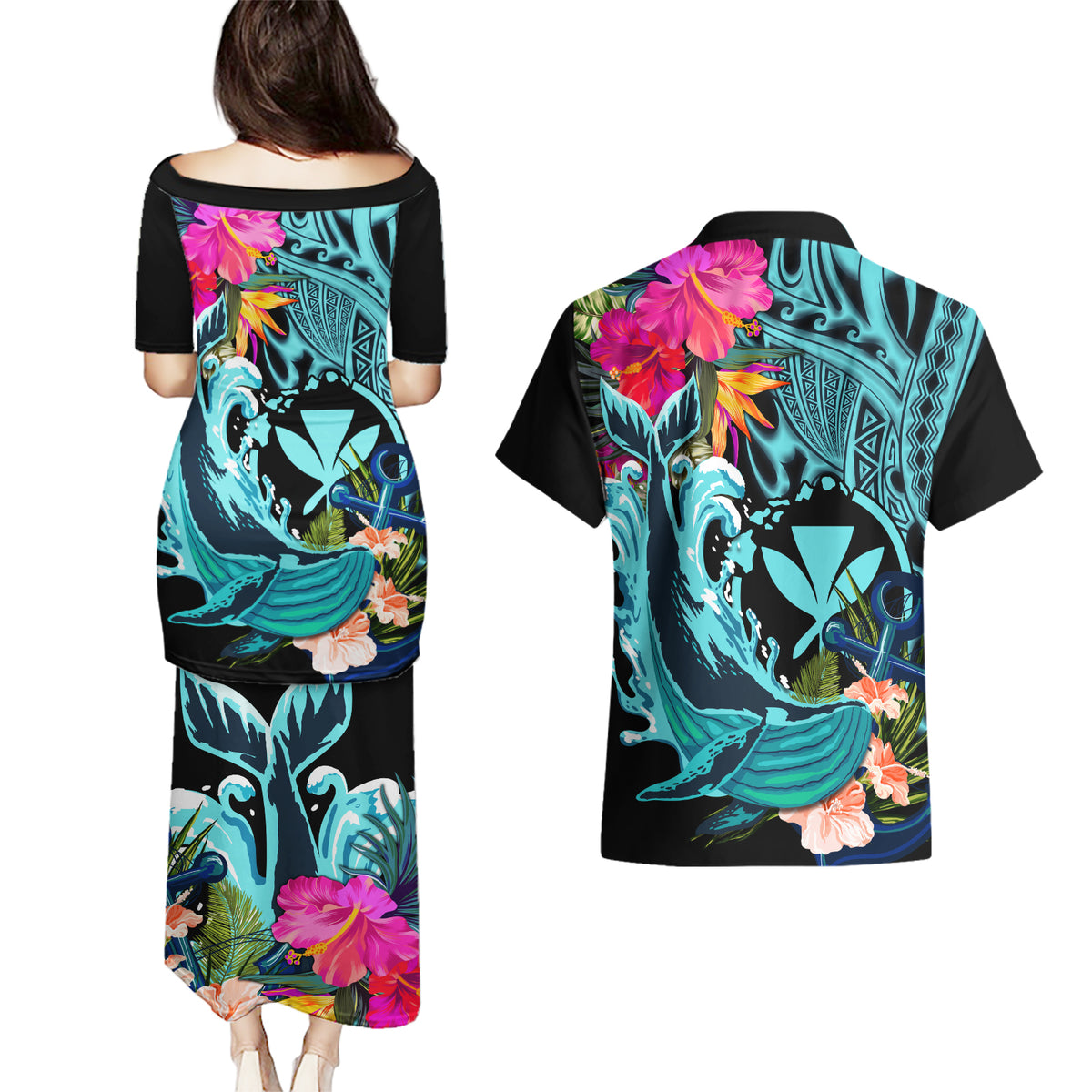 Hawaii Couples Matching Puletasi and Hawaiian Shirt Whale Mix Hibiscus and Kanaka Maoli LT03 - Polynesian Pride