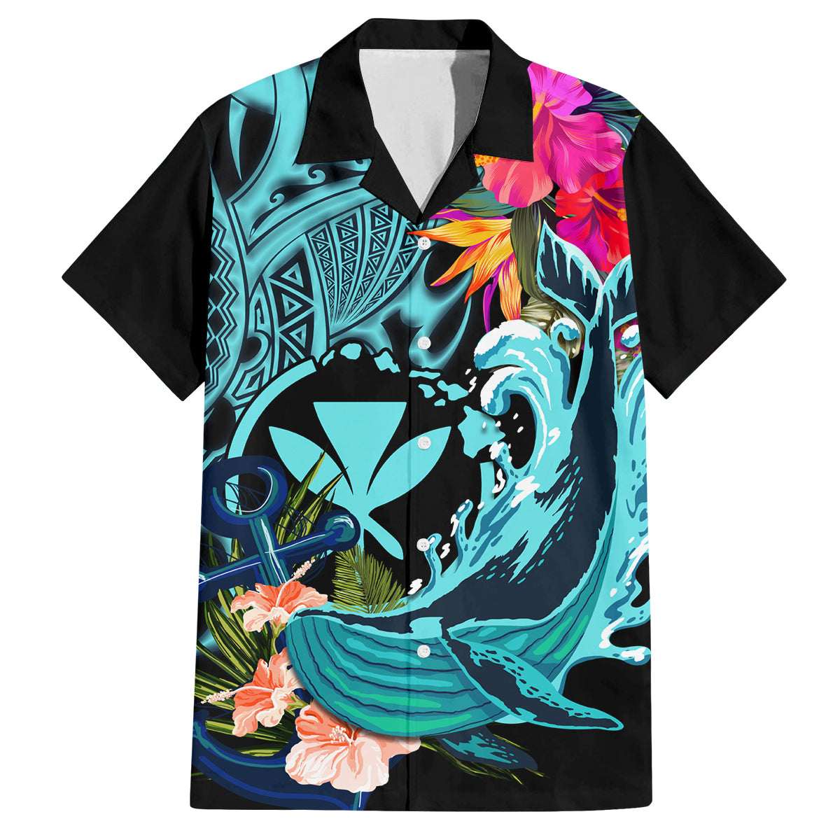 Hawaii Family Matching Tank Maxi Dress and Hawaiian Shirt Whale Mix Hibiscus and Kanaka Maoli LT03 Dad's Shirt - Short Sleeve Black - Polynesian Pride