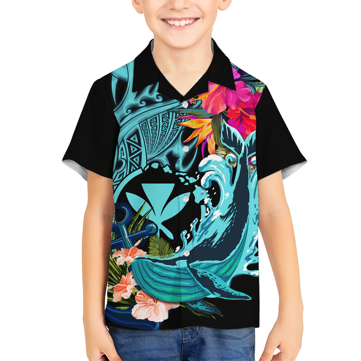 Hawaii Kid Hawaiian Shirt Whale Mix Hibiscus and Kanaka Maoli LT03 Kid Black - Polynesian Pride