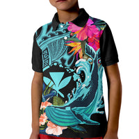 Hawaii Kid Polo Shirt Whale Mix Hibiscus and Kanaka Maoli LT03 Kid Black - Polynesian Pride