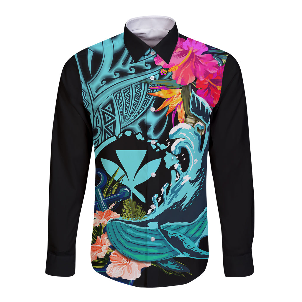 Hawaii Long Sleeve Button Shirt Whale Mix Hibiscus and Kanaka Maoli LT03 Unisex Black - Polynesian Pride