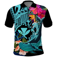 Hawaii Polo Shirt Whale Mix Hibiscus and Kanaka Maoli LT03 Black - Polynesian Pride