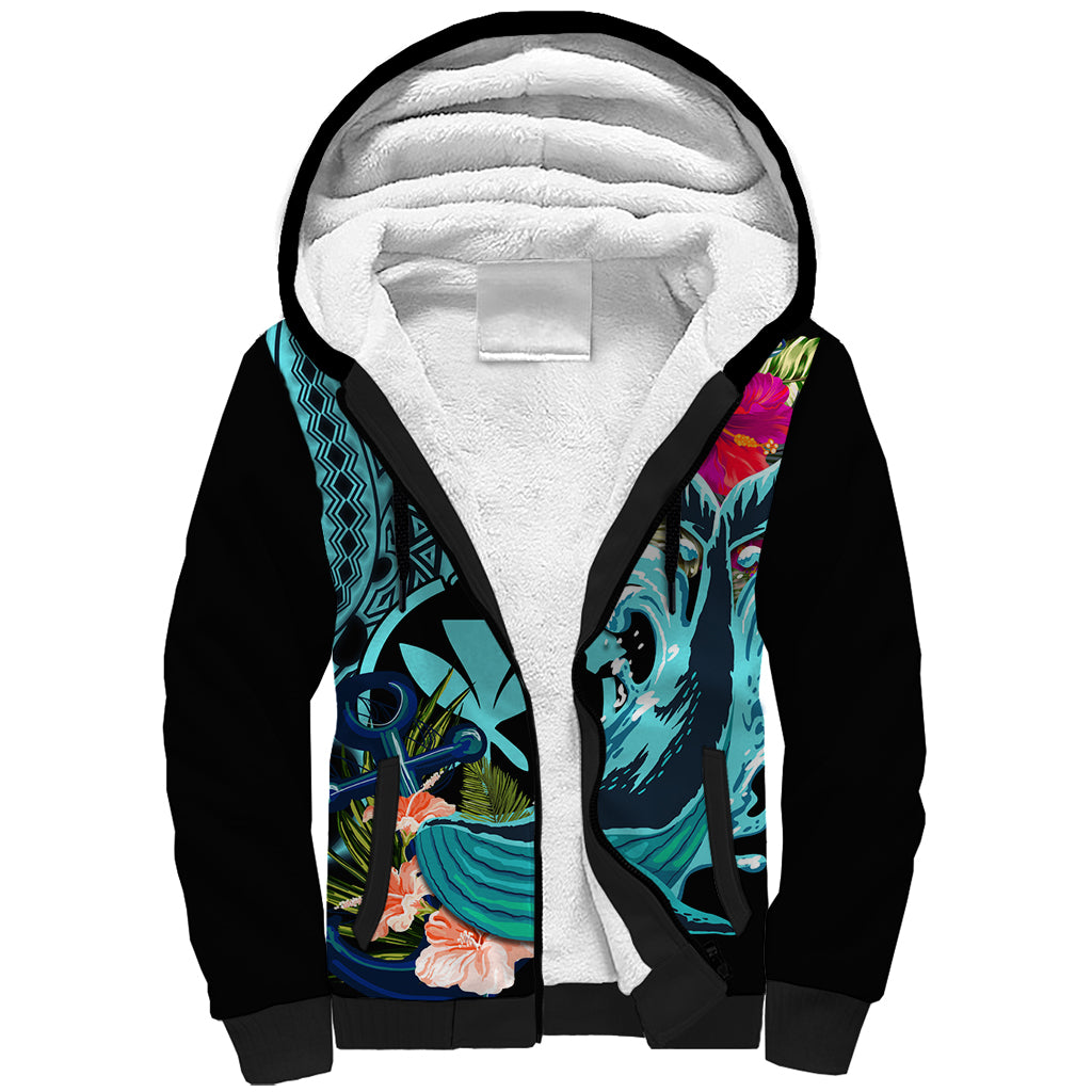 Hawaii Sherpa Hoodie Whale Mix Hibiscus and Kanaka Maoli LT03 Unisex Black - Polynesian Pride