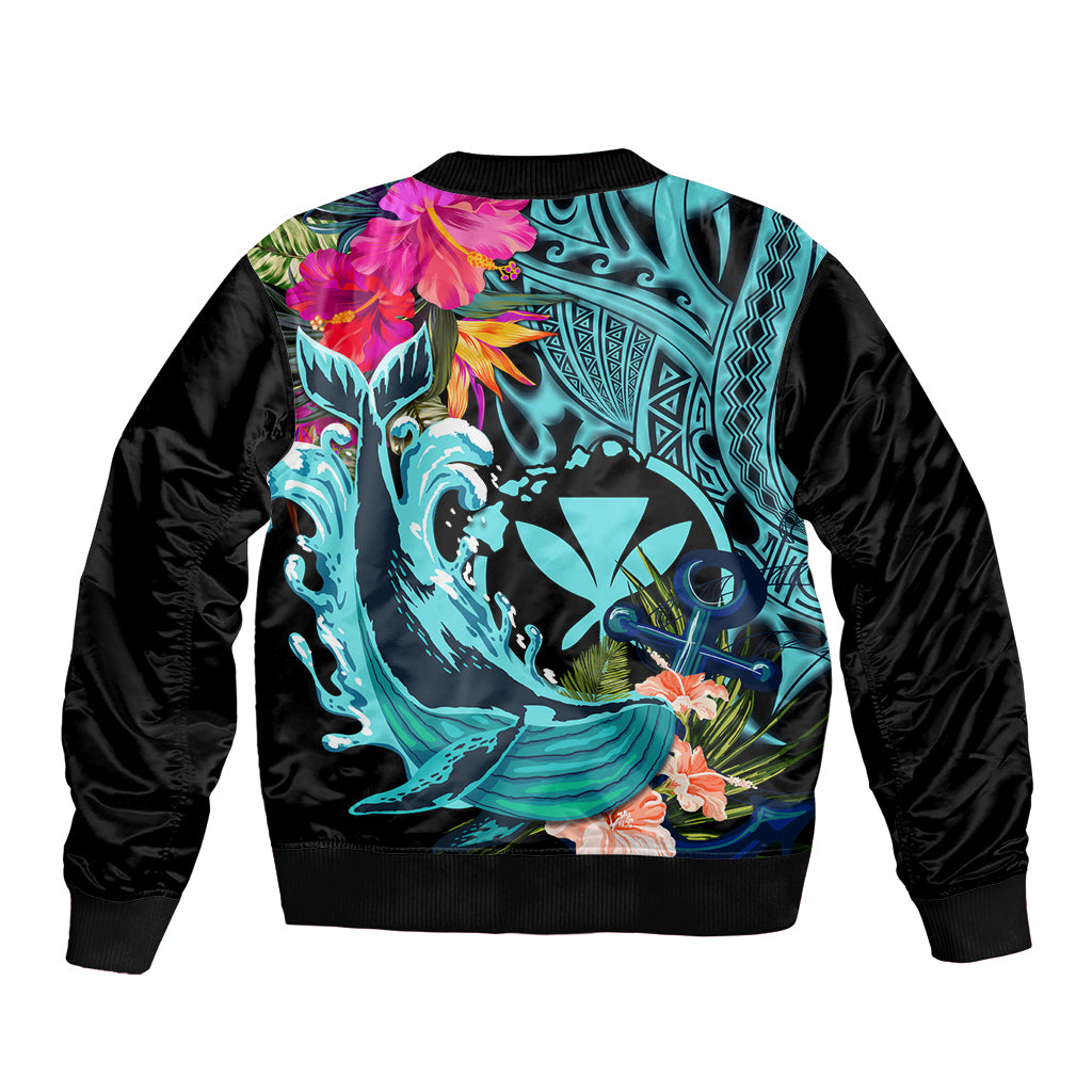 Hawaii Sleeve Zip Bomber Jacket Whale Mix Hibiscus and Kanaka Maoli LT03 - Polynesian Pride
