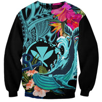 Hawaii Sweatshirt Whale Mix Hibiscus and Kanaka Maoli LT03 Unisex Black - Polynesian Pride