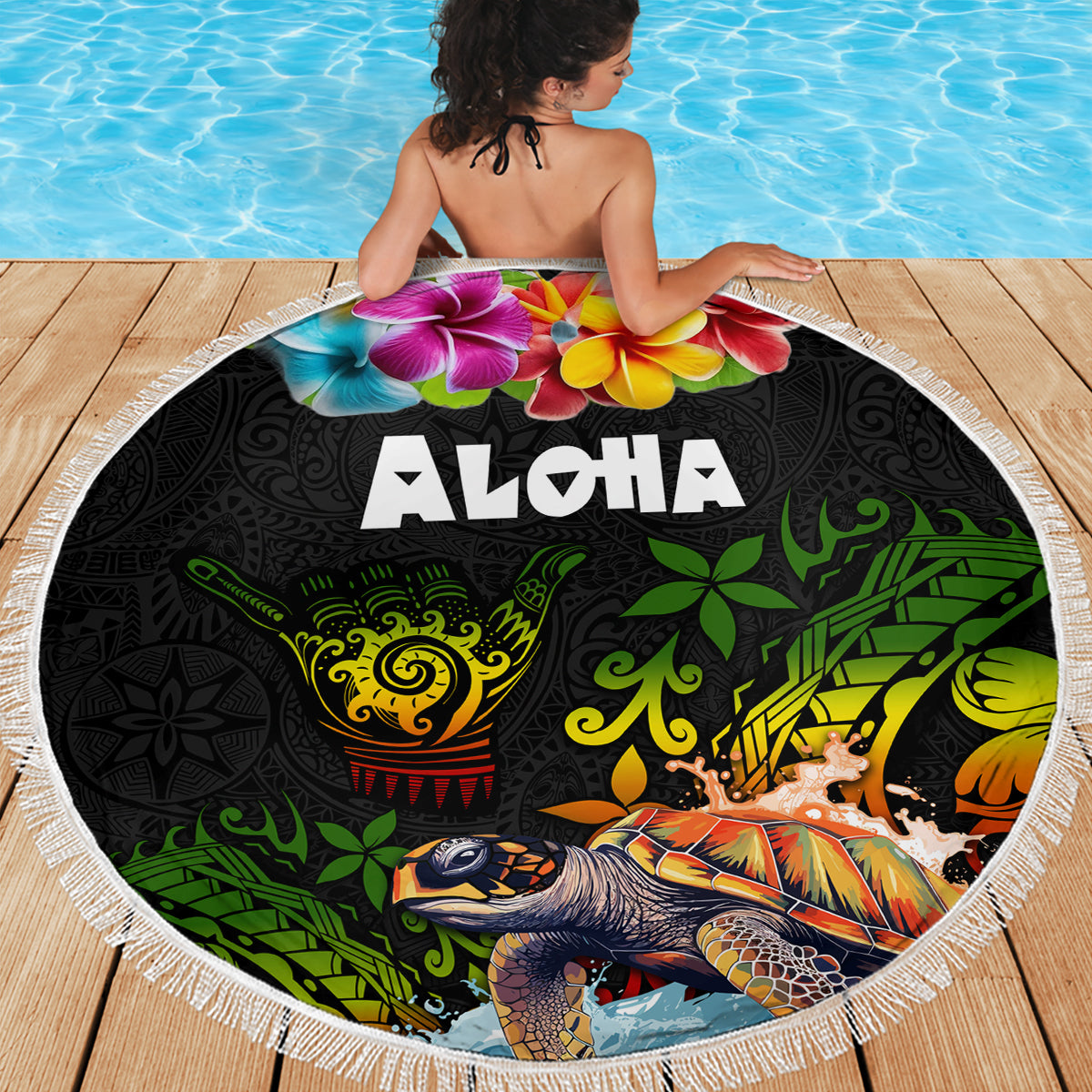 Hawaii Lei Day Beach Blanket Hibiscus Wreath and Polynesian Pattern