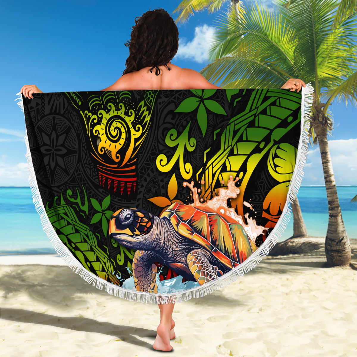 Hawaii Lei Day Beach Blanket Hibiscus Wreath and Polynesian Pattern