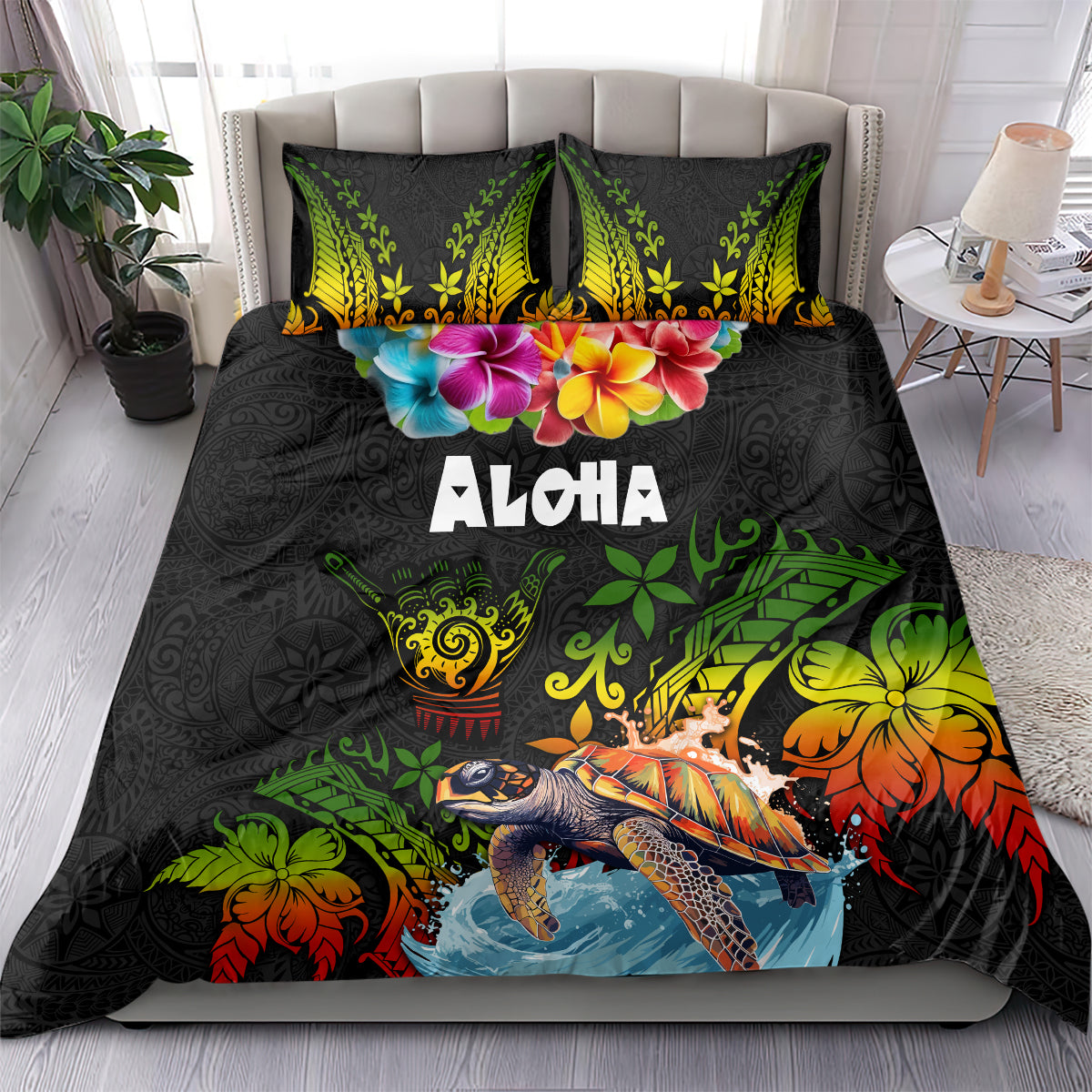 Hawaii Lei Day Bedding Set Hibiscus Wreath and Polynesian Pattern