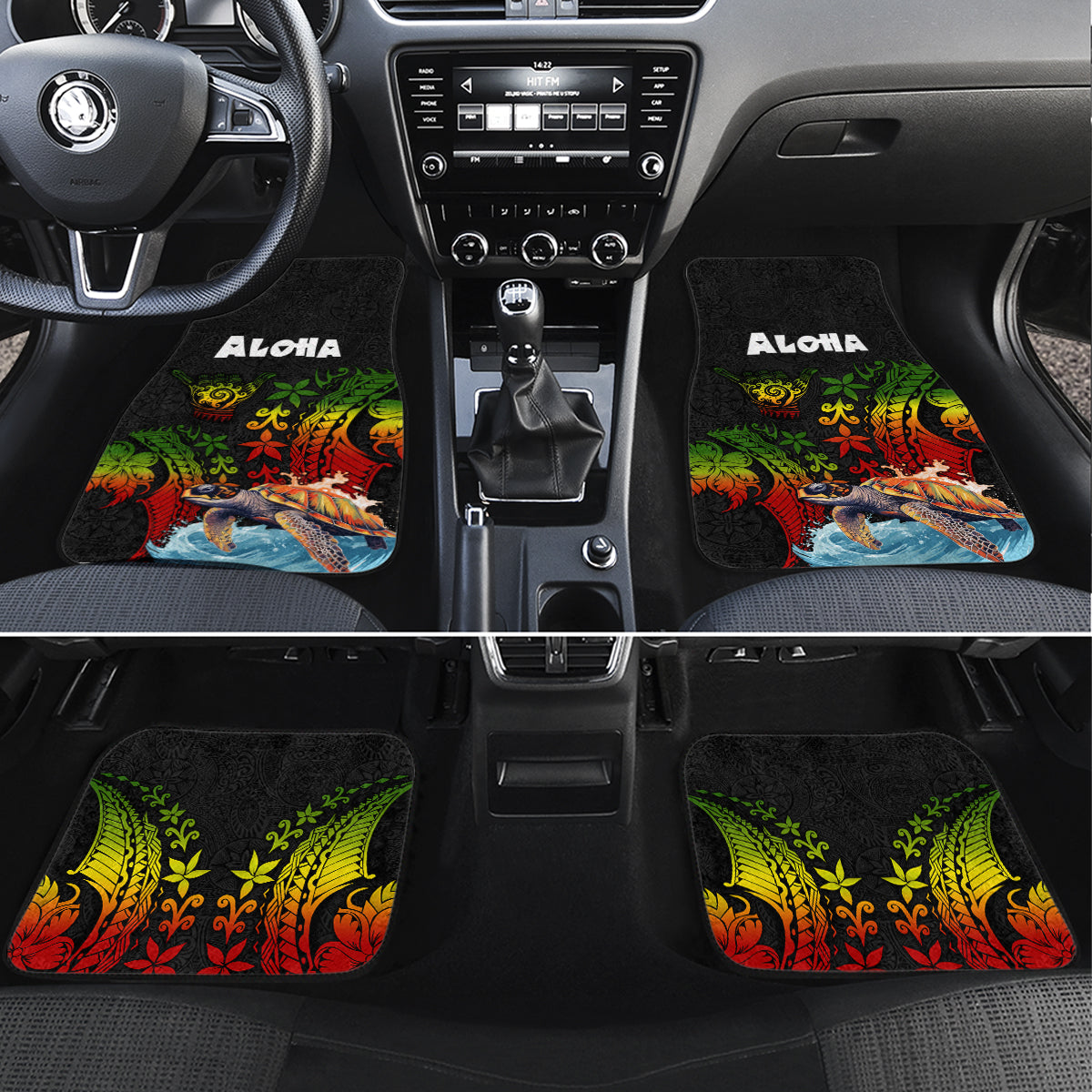 Hawaii Lei Day Car Mats Hibiscus Wreath and Polynesian Pattern LT03 Set 4pcs Black - Polynesian Pride