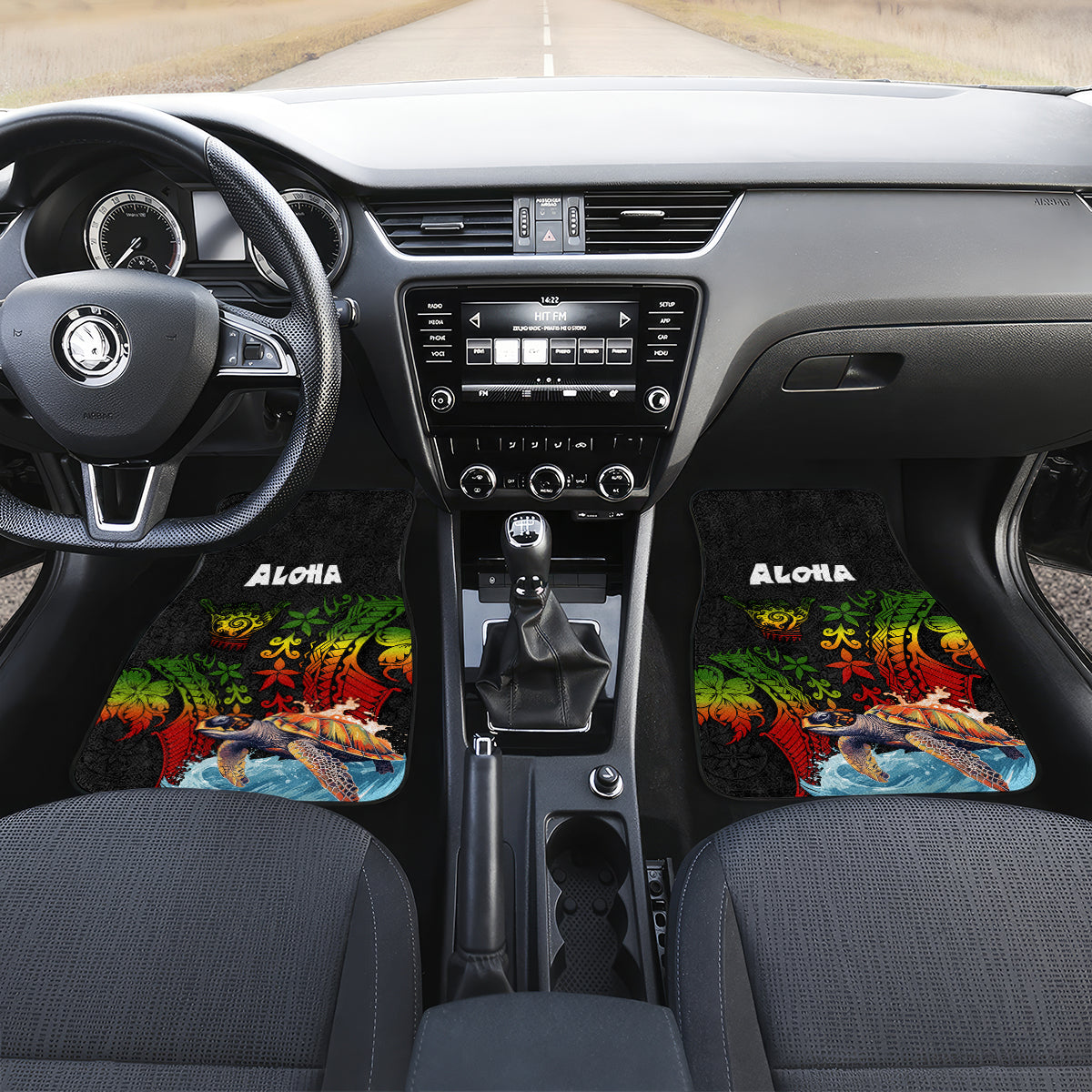 Hawaii Lei Day Car Mats Hibiscus Wreath and Polynesian Pattern LT03 Set 2pcs - Front Black - Polynesian Pride