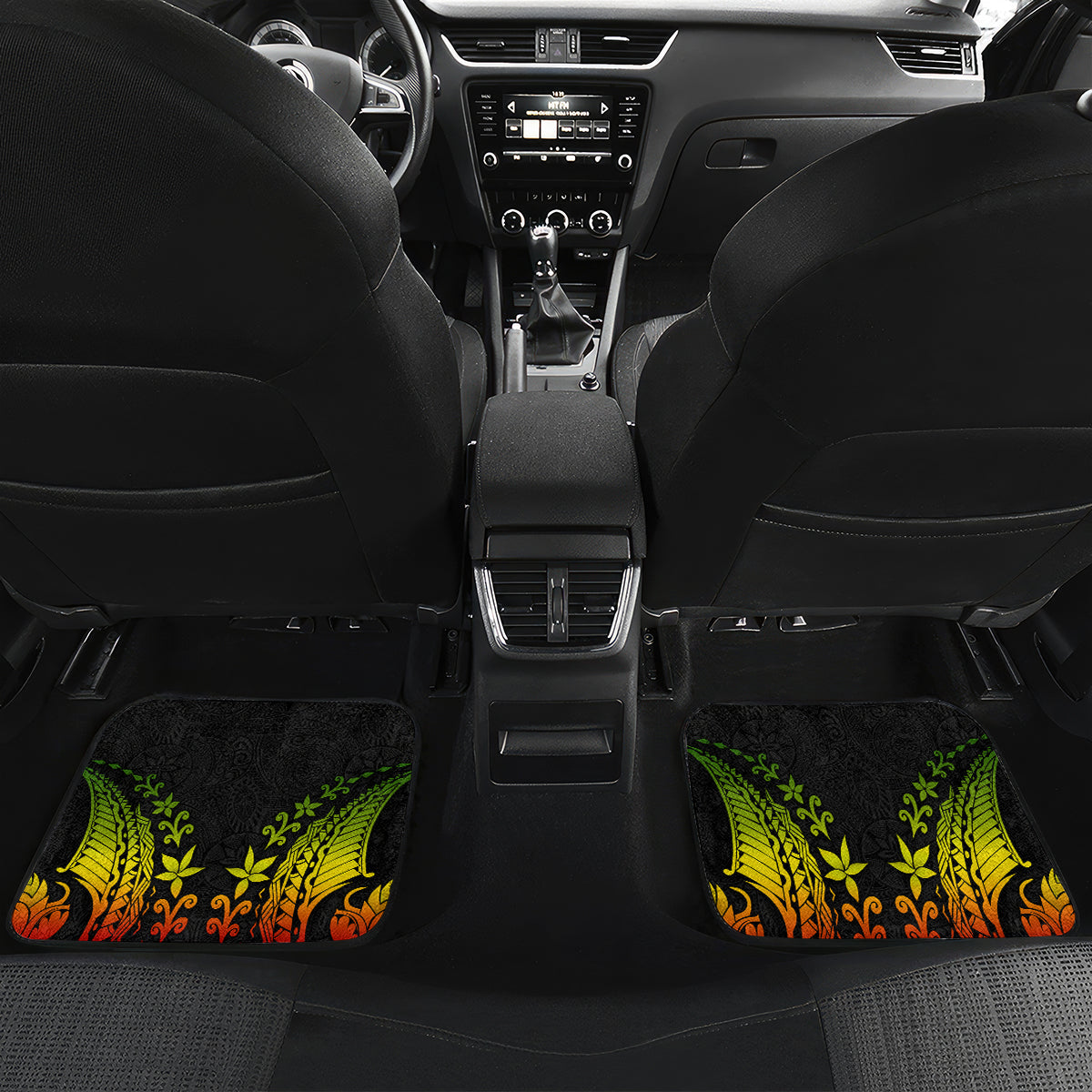 Hawaii Lei Day Car Mats Hibiscus Wreath and Polynesian Pattern LT03 Set 2pcs - Back Black - Polynesian Pride